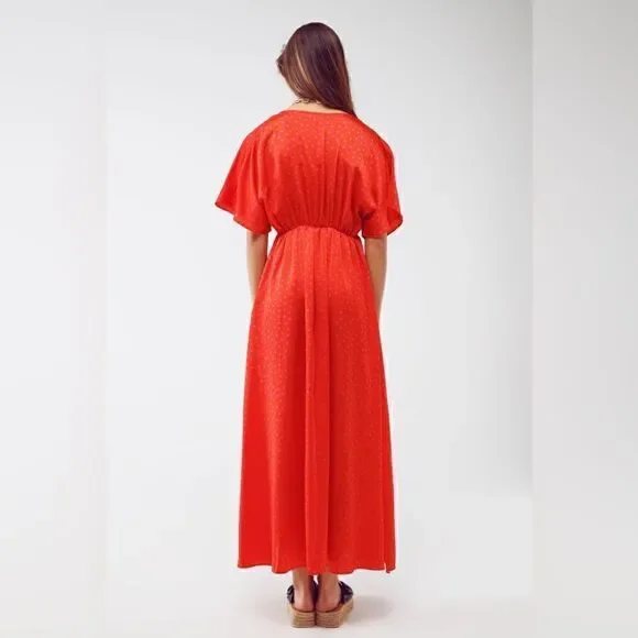 Q2 MAXI CINCHED AT THE WAIST DRESS WITH ANGEL SLEEVES IN RED POLKA size S - Picture 3 of 11